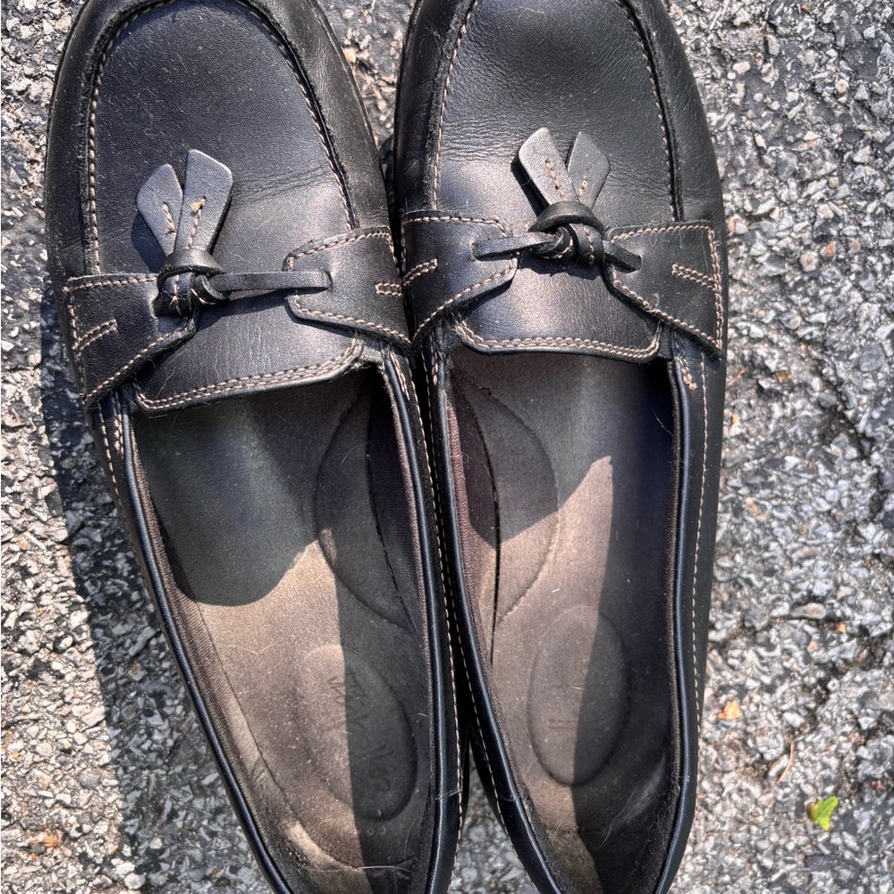 Clarks Black Leather Loafers with Bow Detail